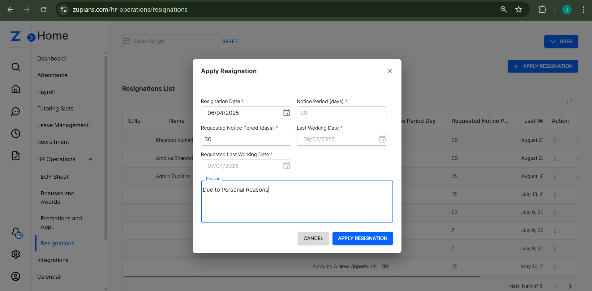 Resignations Interface - User View