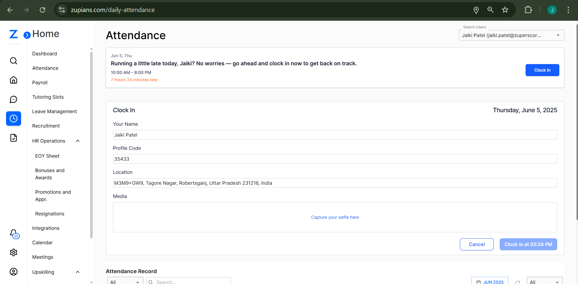 Attendance - User Clock In View