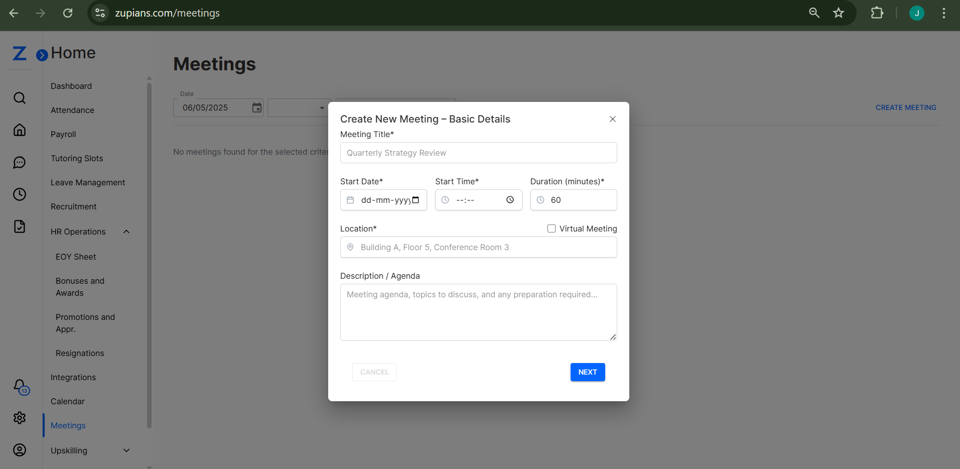 Create Meeting Interface View