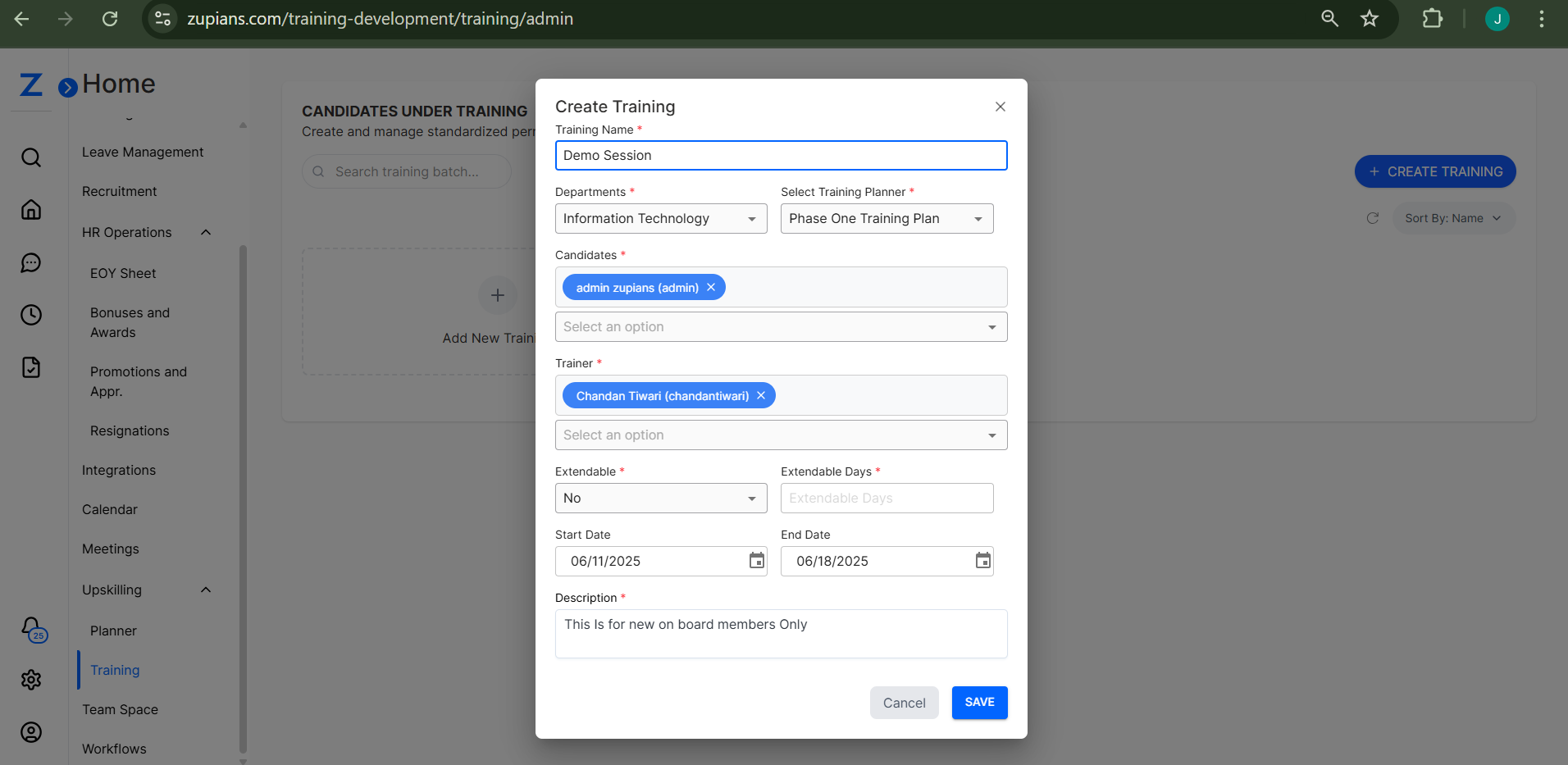 Create Training Form