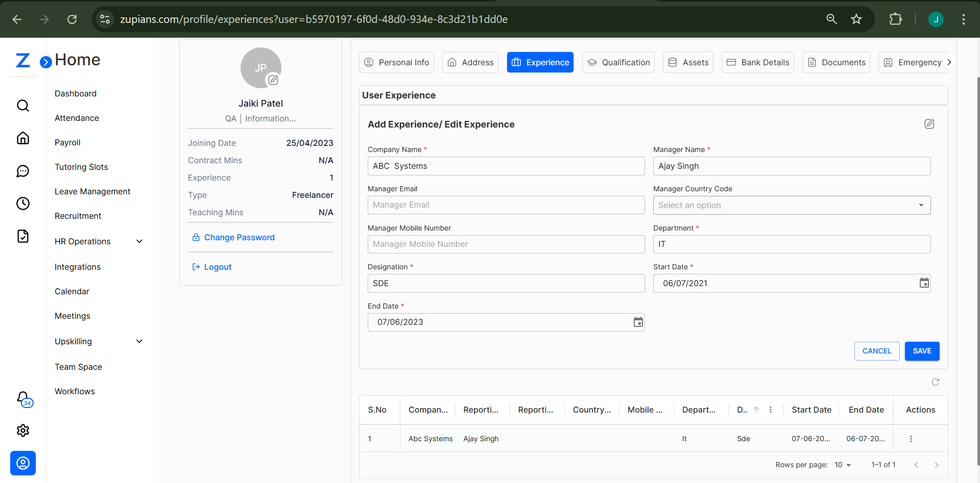 Edit Experience View
