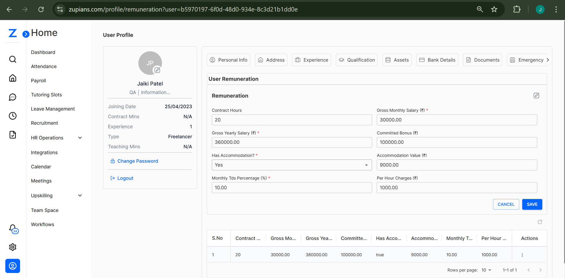 Edit User Remuneration