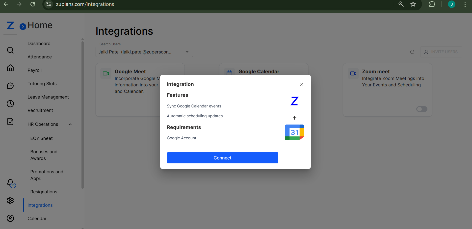 Integrations Connect Interface - User View