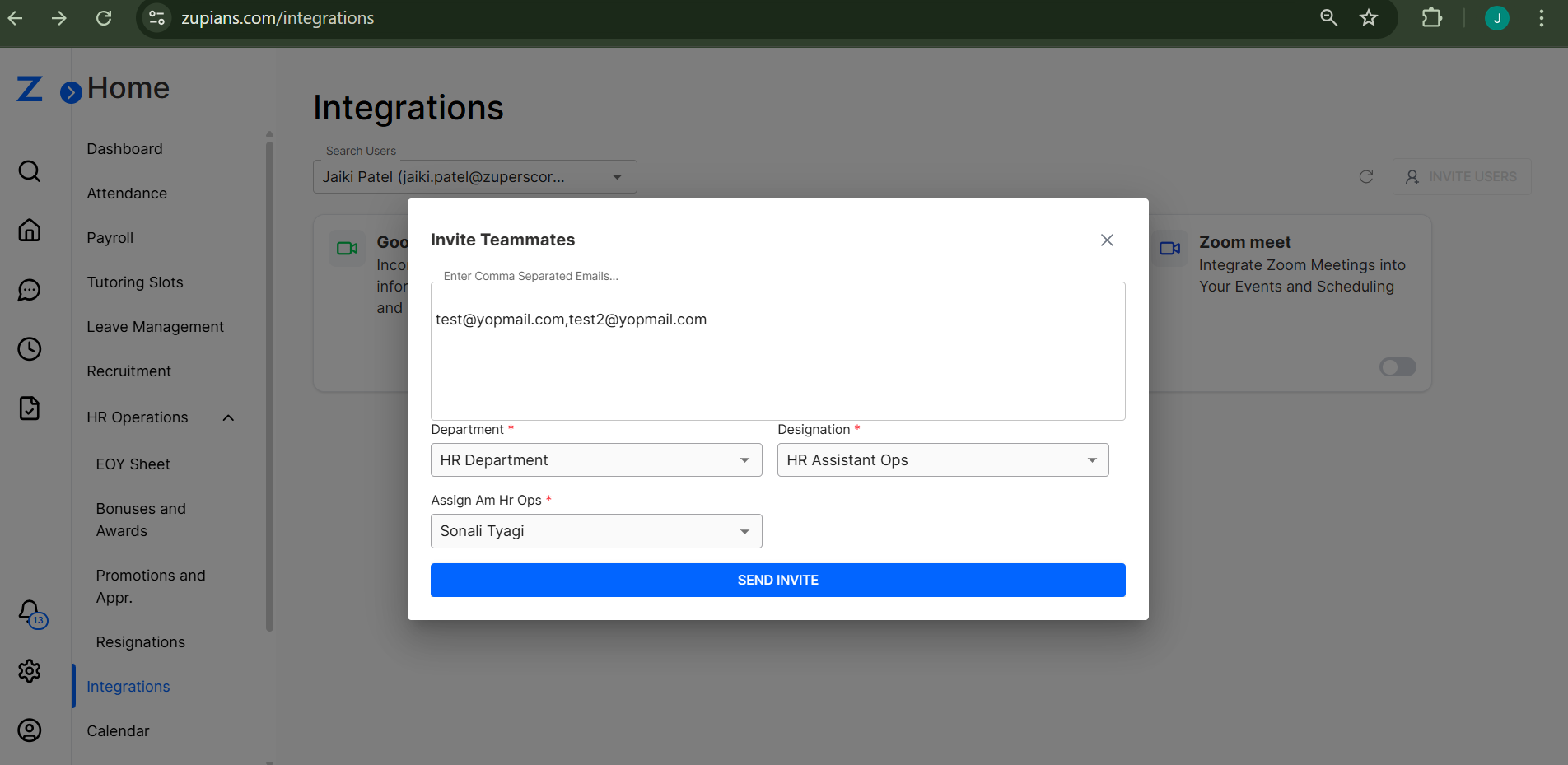 Integrations Interface - User View