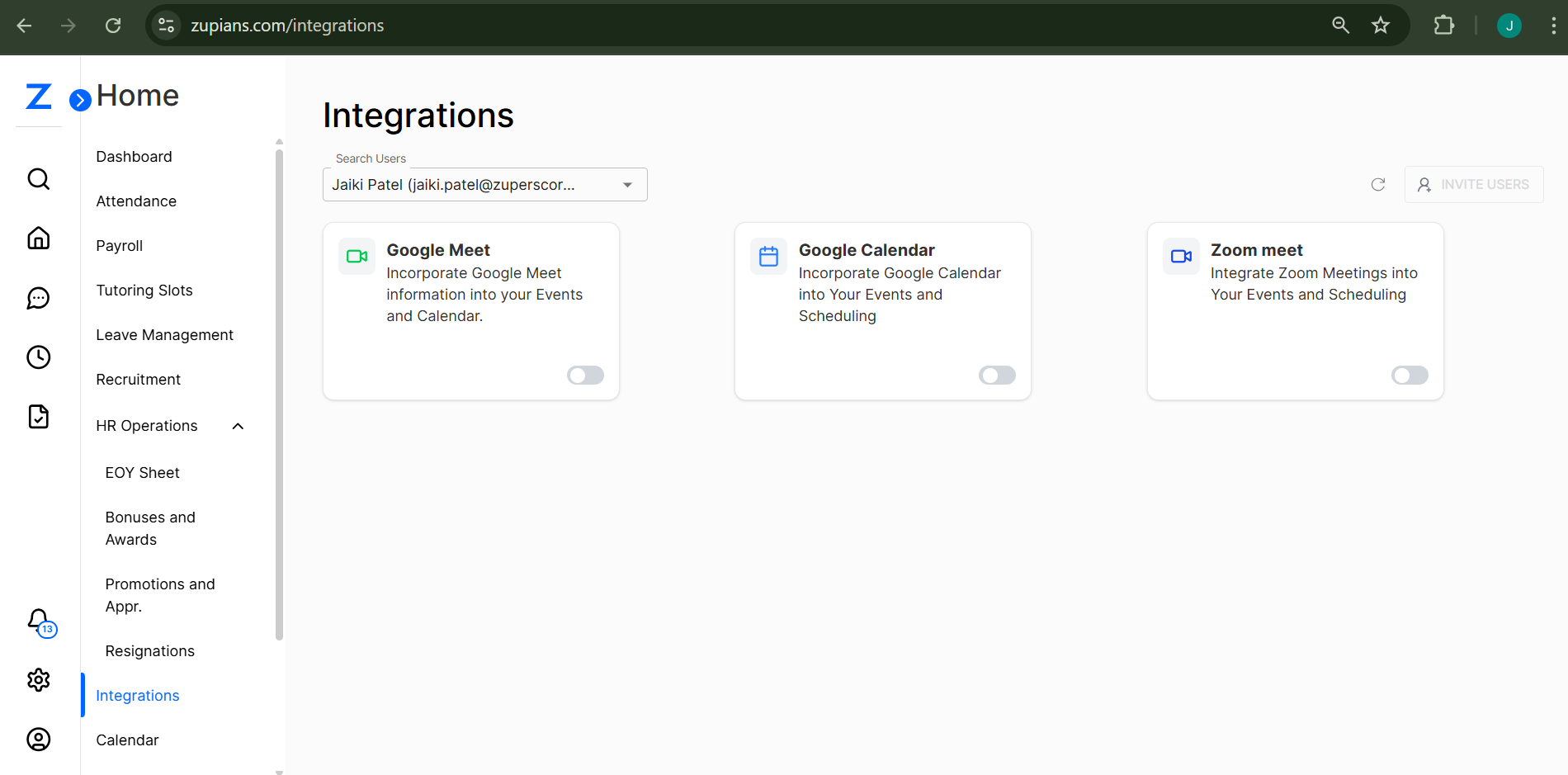 Integrations Interface - User View