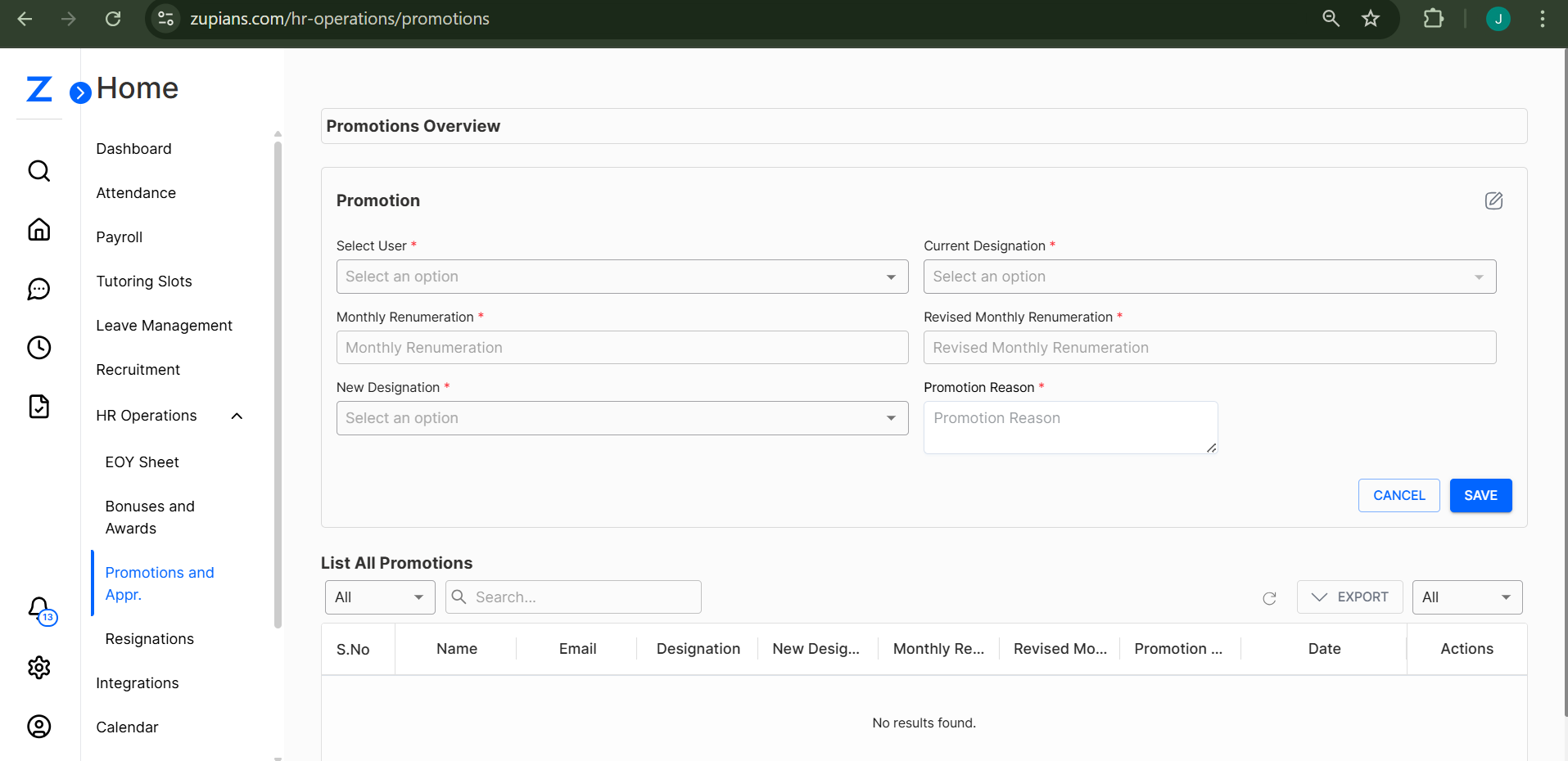 Promotions and Appreciation Interface