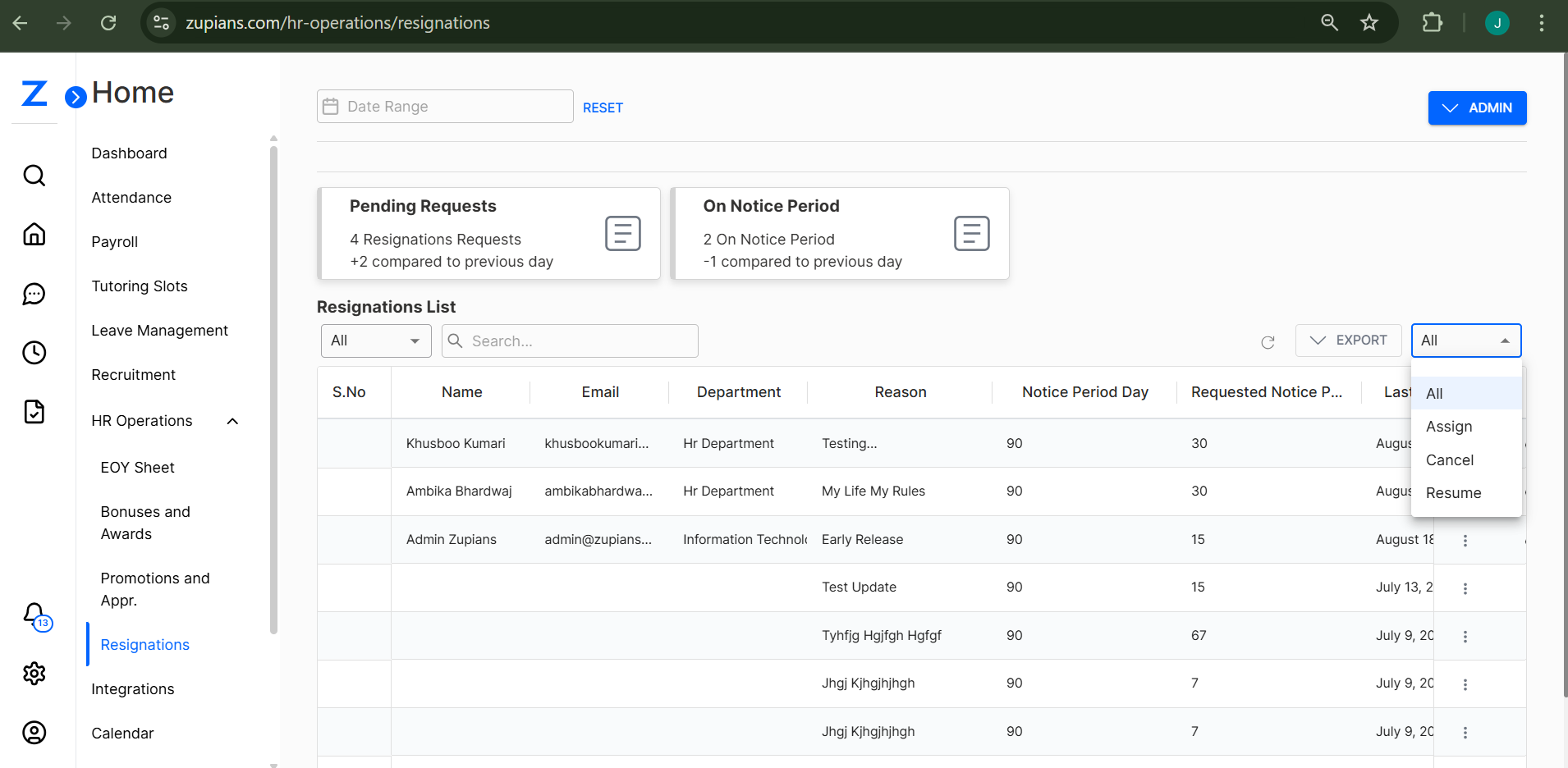 Resignations Interface - Admin View