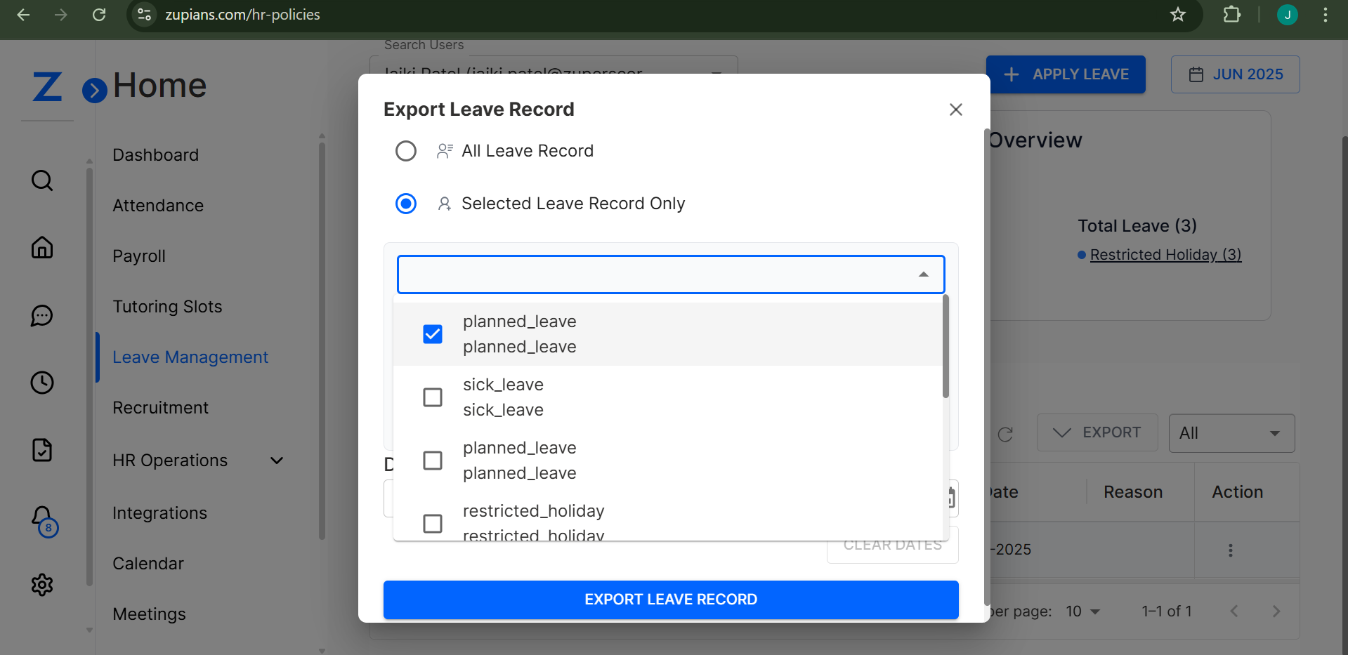 Selected Export Dialog